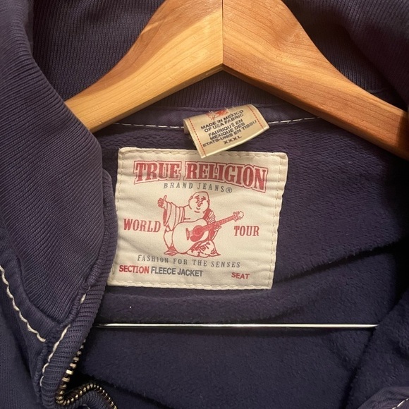 True Religion World Tour Fleece Jacket Men Sz XXXL (3X) Full Zip Navy/Gray Logo - Picture 4 of 5